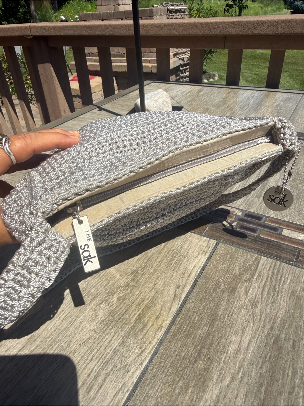 EUC The Sak Light Gray Crochet Crossbody Bag - Picture 8 of 11